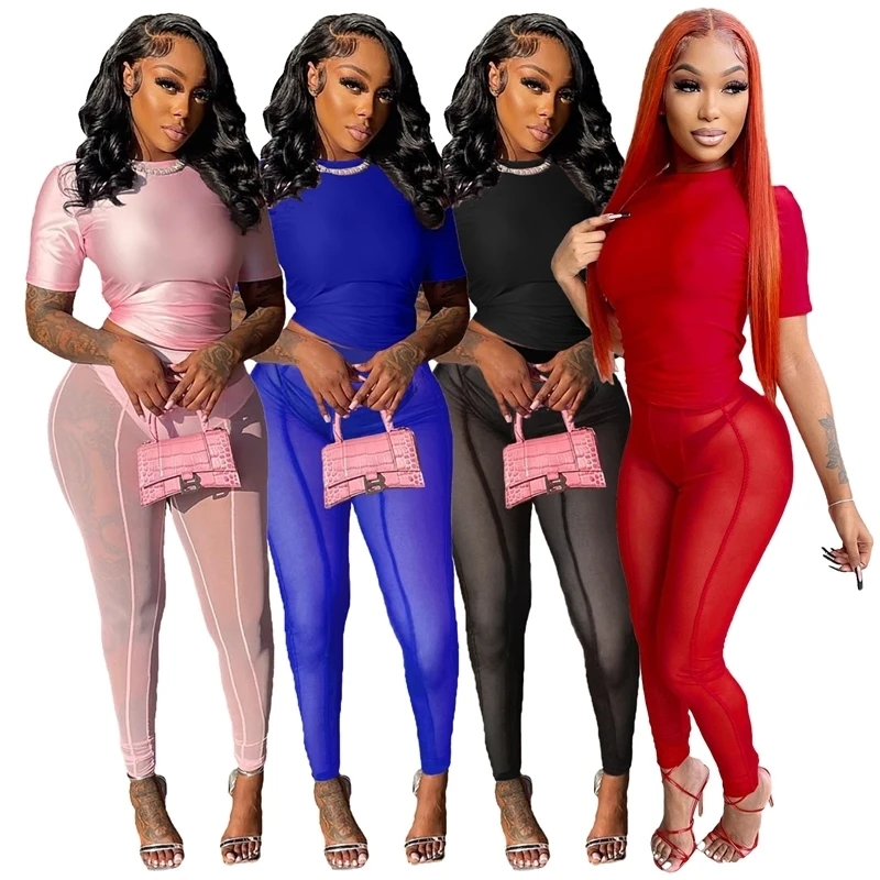 

Womens Sexy Sets 2022 Summer Mesh Biker Shorts Outfit Two Piece Set Yoga Leggings Mesh Pants Sets