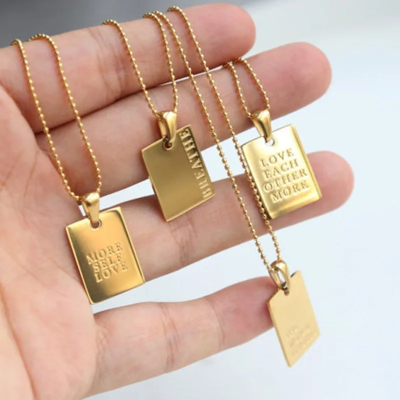 

Factory Wholesale 18K Gold Plated Stainless Steel Inspire Jewelry Rectangle Pendant Necklace Jewelry with Words For Women Men