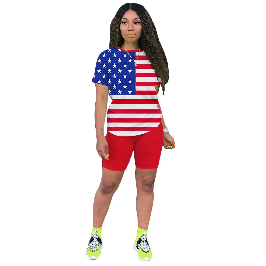 

F21136A 2021 New hot-selling Independence Day two piece set women clothing casual collared sport shorts women sets, Red, blue