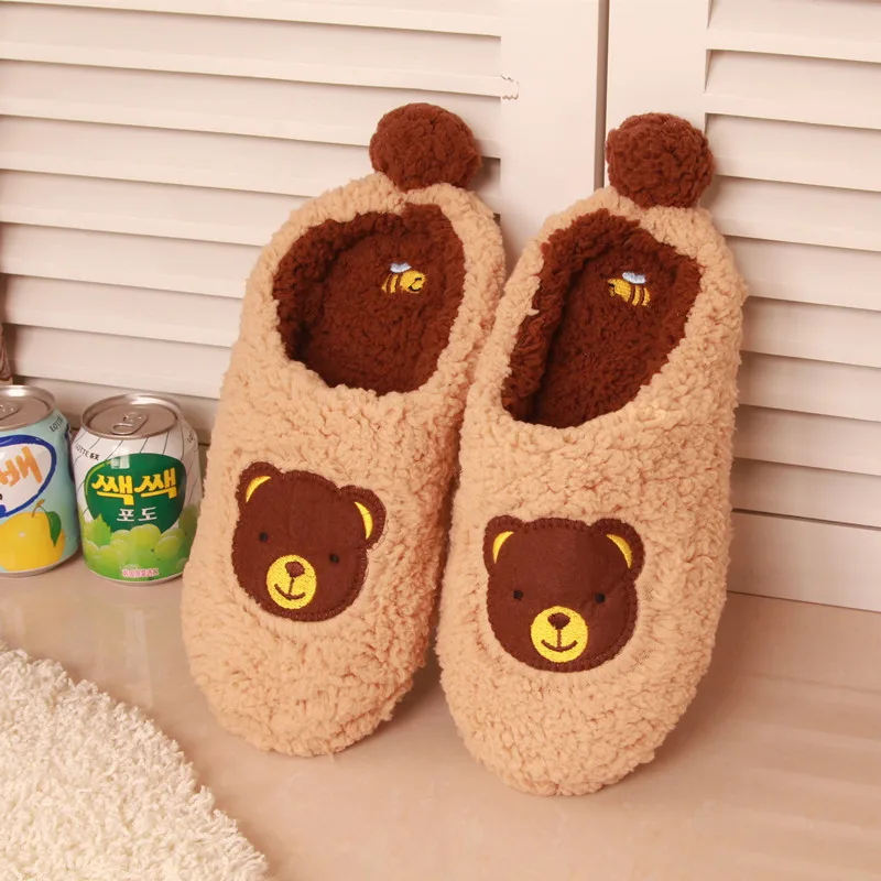 

2020 Cheap Comfortable Indoor Anti-slip Pink Brown Furry Plush Women Teddy Bear Slip on Slippers, As picture