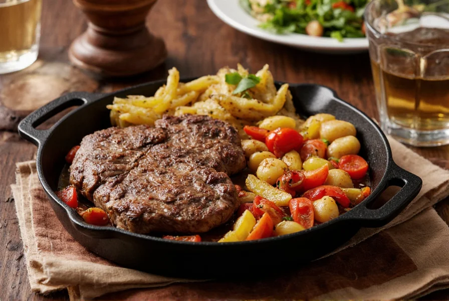 Cast iron plate with sizzling steak and vegetables for authentic pepper lunch preparation