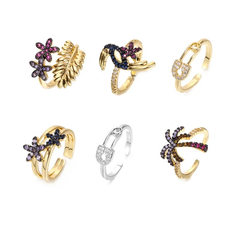 

Wholesale Fashion diamond Flowers pin Rings Women Gold coconut trees open rings Gold ring for women gift