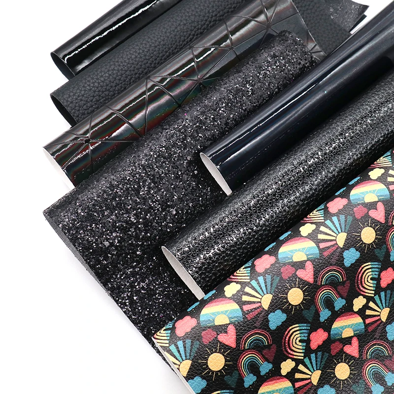 

7PCS/Set Plain Surface Black Mixed Glitter Lychee Pebble Grain Embossed Printed Faux Leather Fabric Sheets Bundles