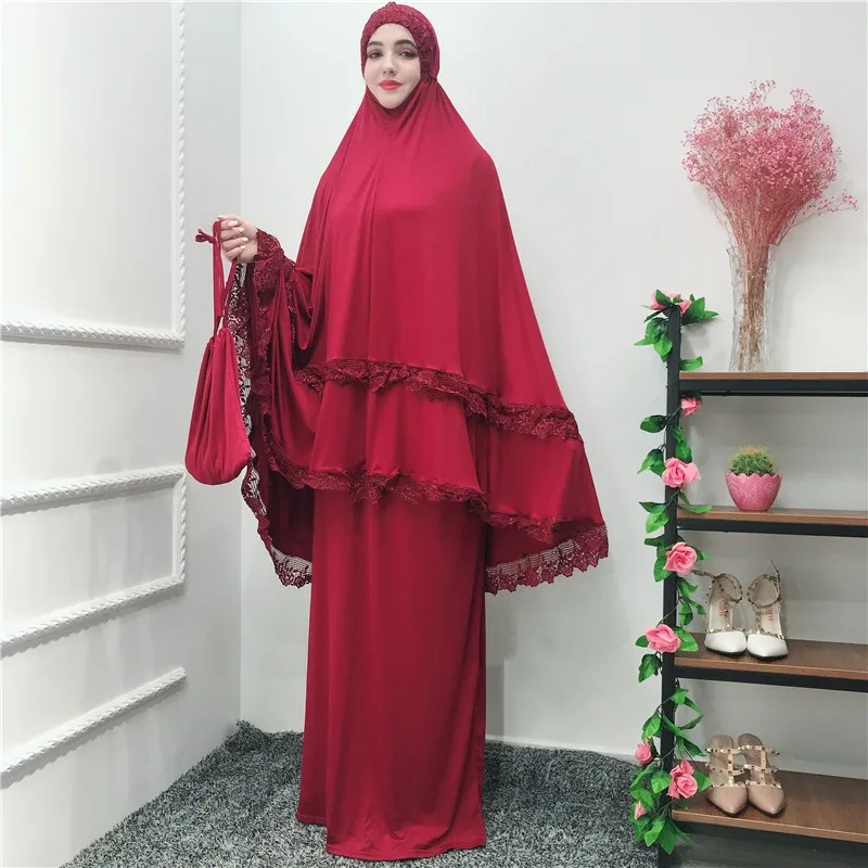 

New Women Muslim Worship Lady Thobe Hijab Prayer Bat Sleeve Middle East Robe Islamic With Lace Abaya Praying Hijab Muslim Dress, Black,red,blue,pink....