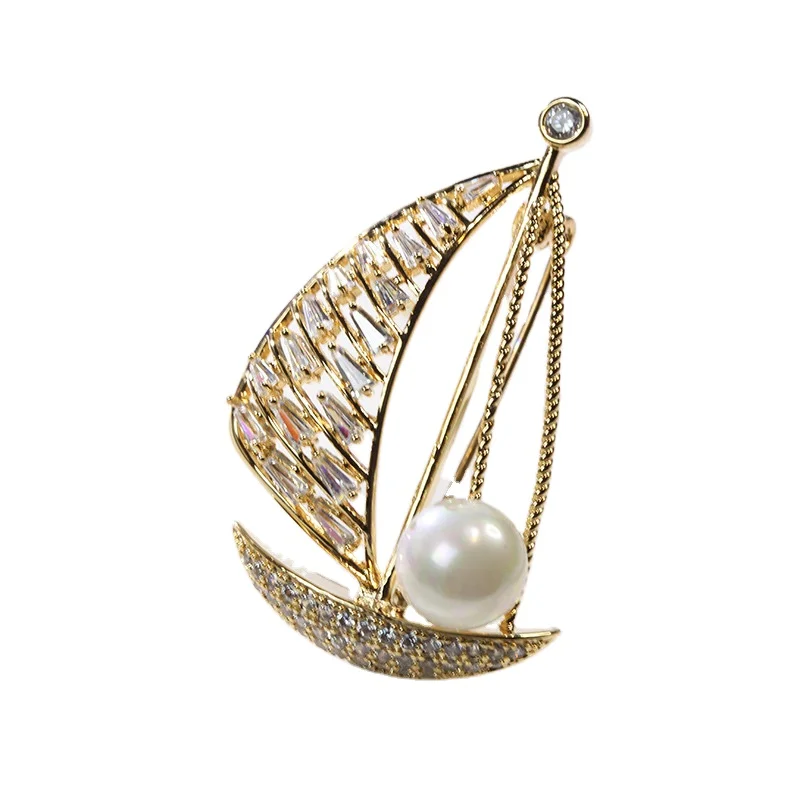

High quality Fashion boat Shaped natural pearl Brooch With zircon brooch For Wedding In Bulk