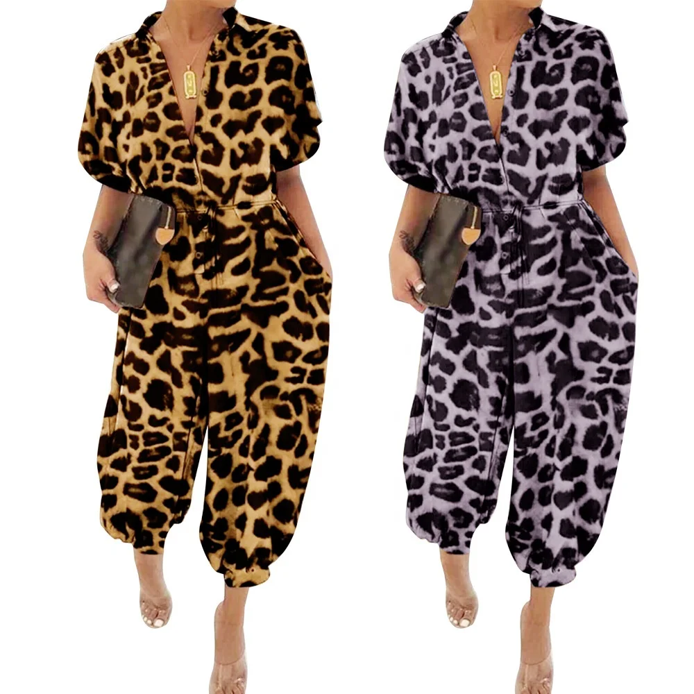 

2020 Arrival Black Yellow Leopard Print Lapel Jumpsuit Ladies Women Fashion Club wear