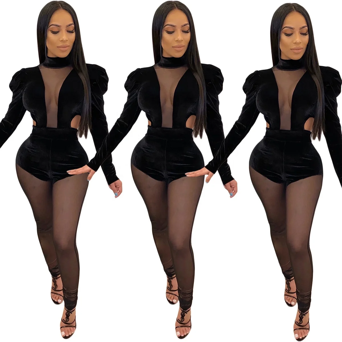 

MT31-5206 Sexy perspective stitching jumpsuit imported Korean velvet