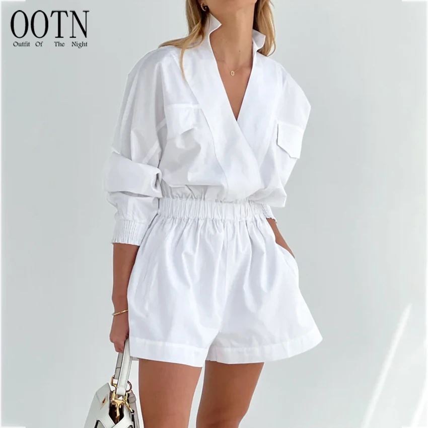

OOTN 2023 Fashion Summer Rompers Casual Elastic Waist Solid Overalls Female Loose Playsuits Women V Neck Long Sleeve Jumpsuits
