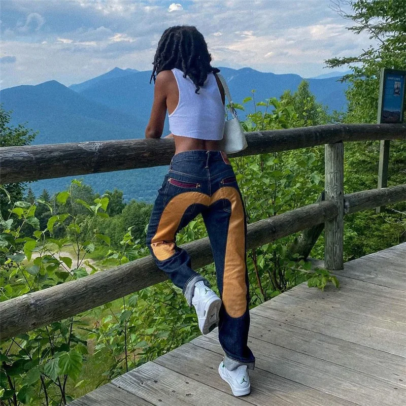 

wholesale street wear unisex female back printing denim blue jeans pants for women, As picture