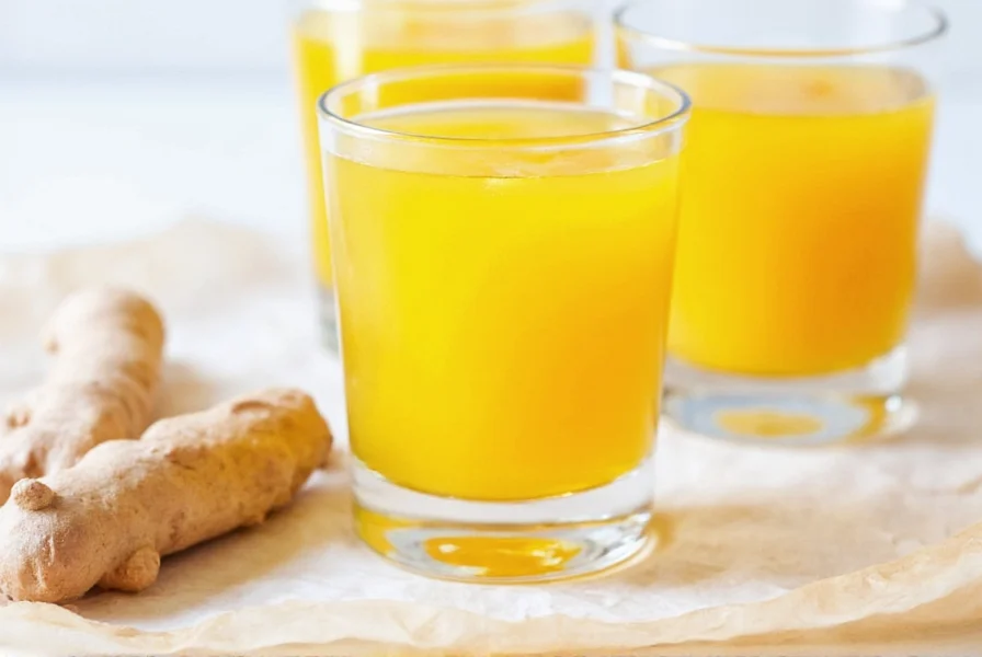 Finished ginger turmeric shots in small glass bottles ready for consumption