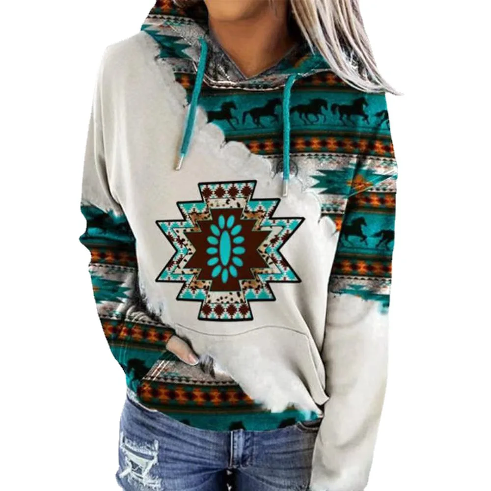 

Ethnic Pullover Women Geometric Printed Hoodies with Kangaroo Pocket