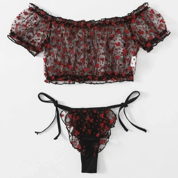 

Hot Selling Women Transparent Plus Size Lingerie Set Bra Panty Ladies Underwear Thongs With Hollow Out, Black