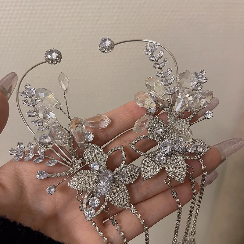 

New Trendy Design Simple Silver Crystal Zircon Tassel Ear Clip Pendant Earrings Jewelry For Women