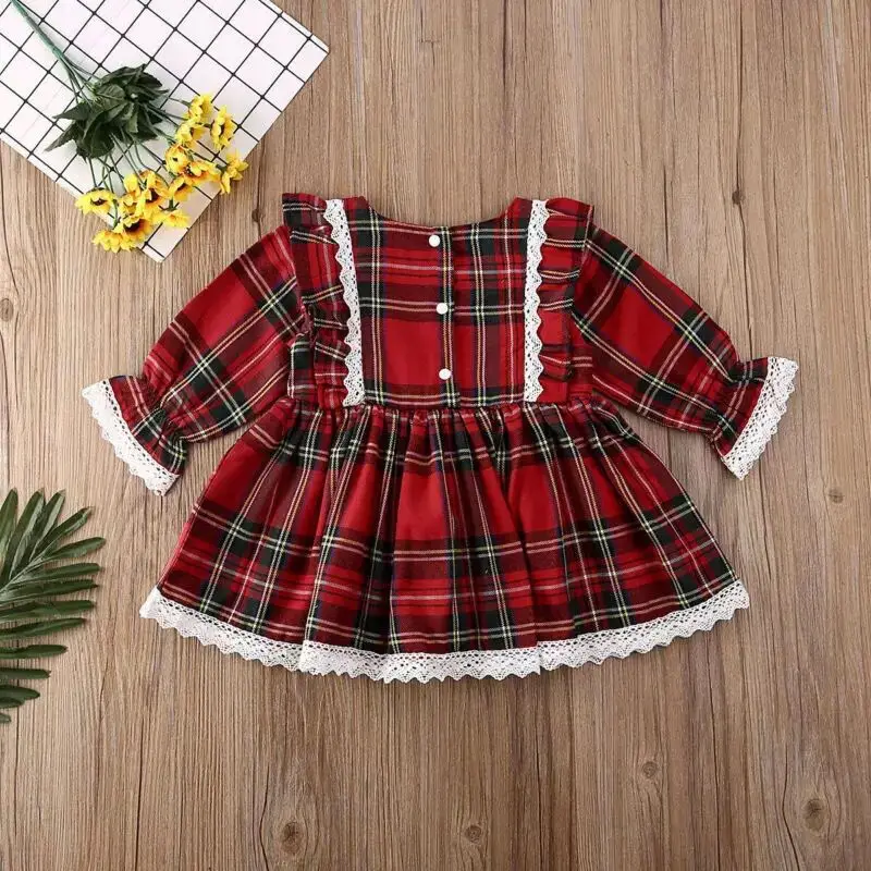 

Q101005 long sleeves Kids Boutique plaid Christmas Dresses lace ruffles Princess Baby Girls Birthday Ball Gown dress, Pink