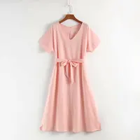 

Plain color belt cotton and linen clothing elegant casual women sexy dress summer