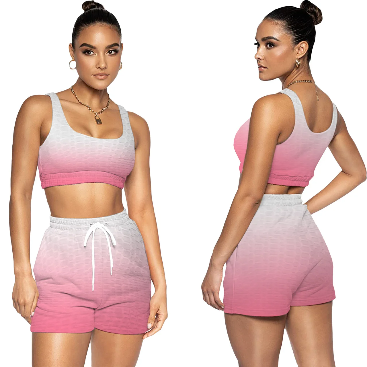 

New Arrivals Summer Gradient Tank Crop Top 2 Piece Biker Shorts Set Joggers Wpmens Short Pants Two Piece Set