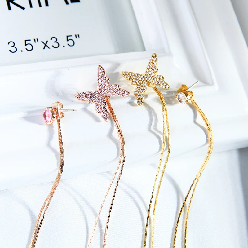

90021 Fashion Jewelry Zircon Hypoallergenic Long Mismatched 2021 Rose Gold Plated Butterfly Earrings Dainty Women