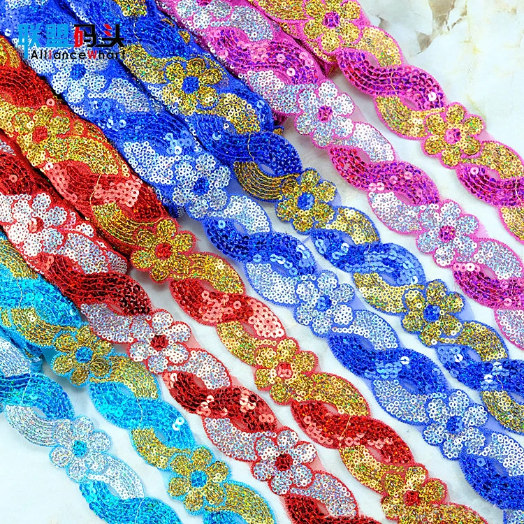 

Custom Design Pattern Dress Trimming Jacquard Lace Sequins Flower Trim for Clothing, Red,green,blue,gold,silver,etc or customize