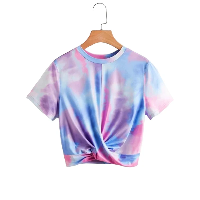 

Summer Casual Young Women Tie dye T-shirt Round Neck With Twisted Pleated Hem Crop Top