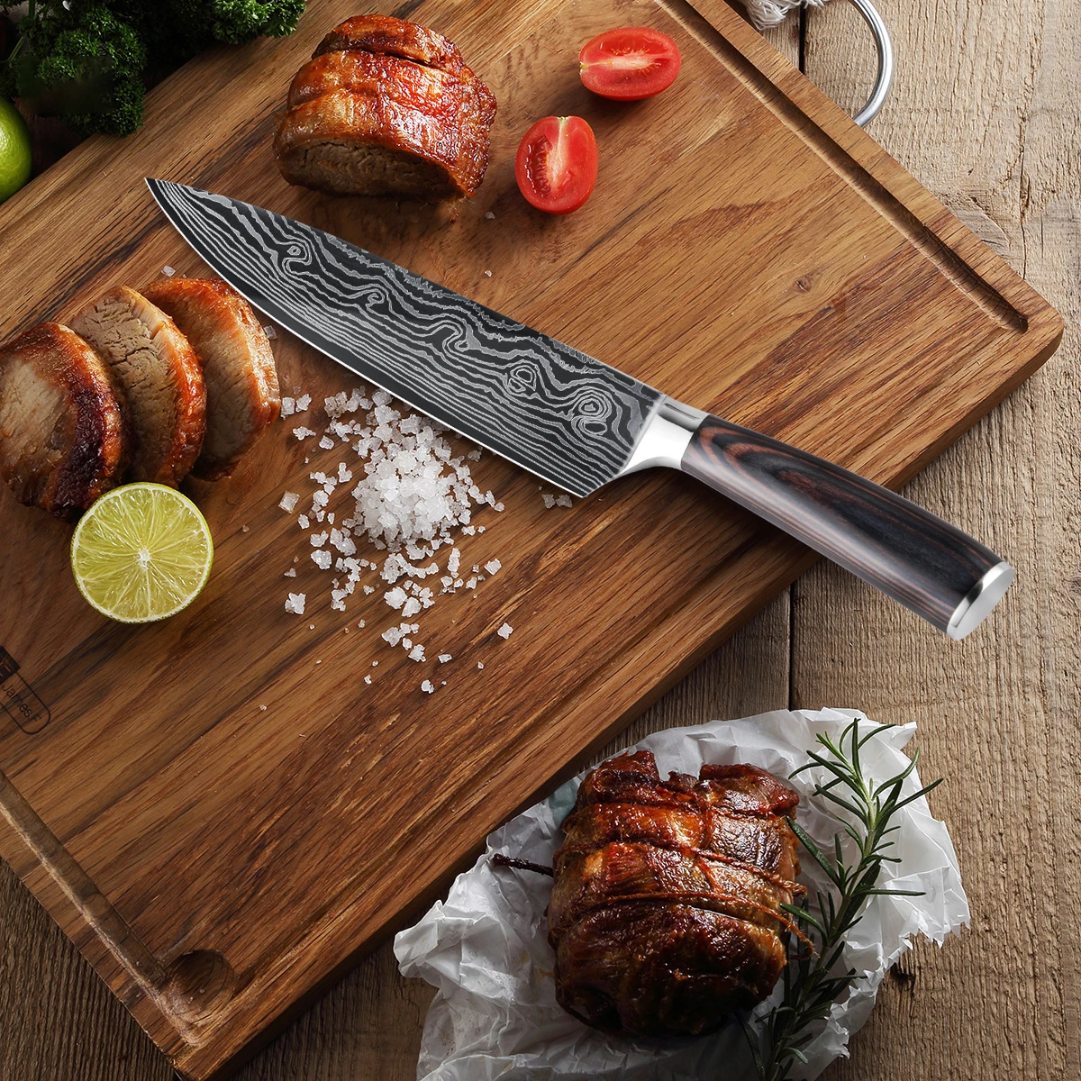 

Hot Sell Damascus Laser Pattern Kitchen Knives Pakka Wood Handle 7Cr17MoV Carbon Steel 8 Inch Chefs Knife