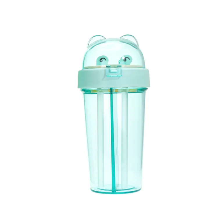 

Hot Selling 2-In-1 Plastic Cute Double Drinking Bottle Leak-Proof Couple Cup Double Sided Water Bottle with Double Straw, Blue,pink,purple,green