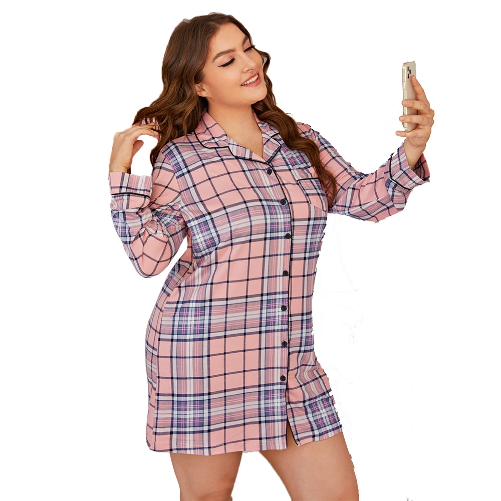 

Pink plaid long sleeve button down pyjama shirt 4xl super big plus size fat ladies women's sleepwear pajama sleep dress suit