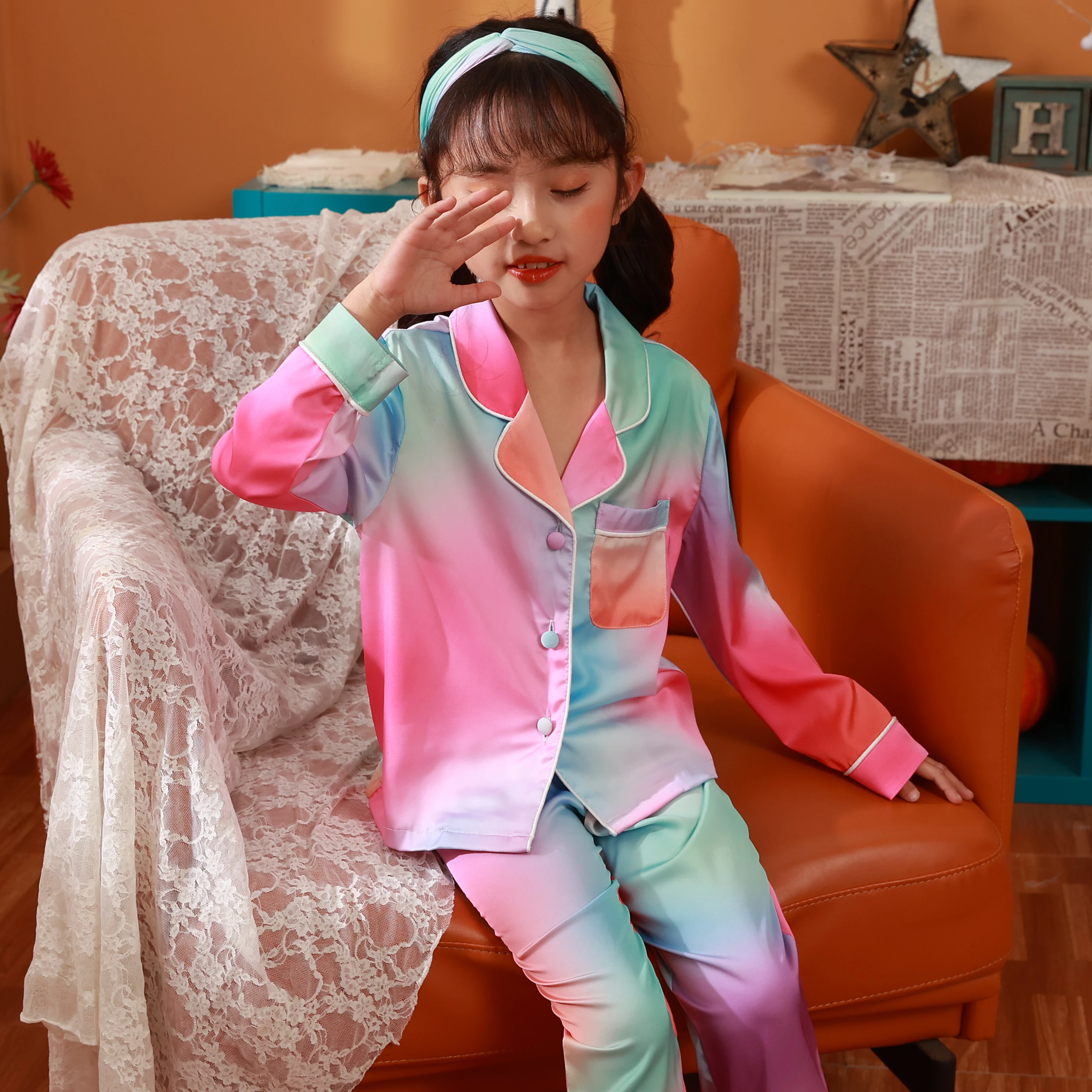 

2021 New Summer Silk Popular Pajama Teenager 12T Headband Kids Stain Summer Pajama Set