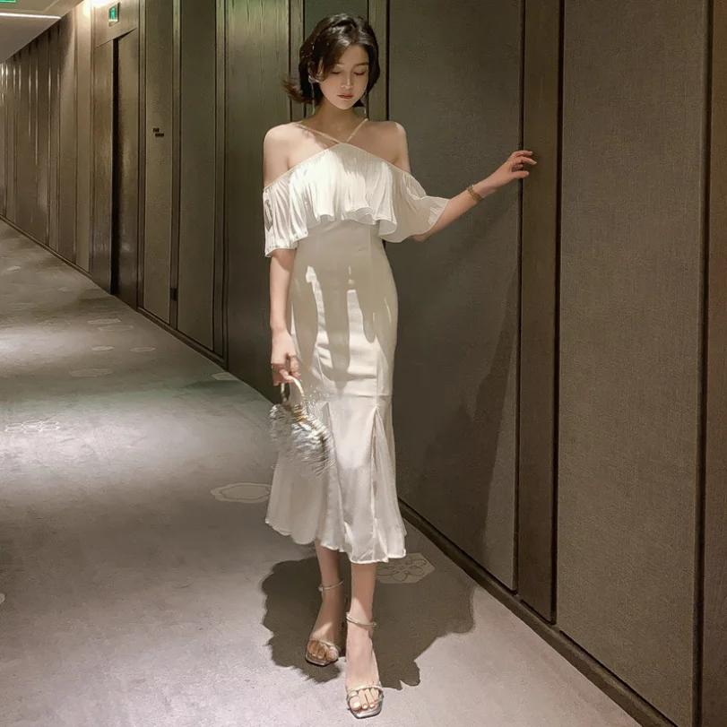 

Women's Fashion Style Sexy Hanging Neck Ruffle Waist Closing Fishtail Skirt Evening Party Off Shoulder Dress