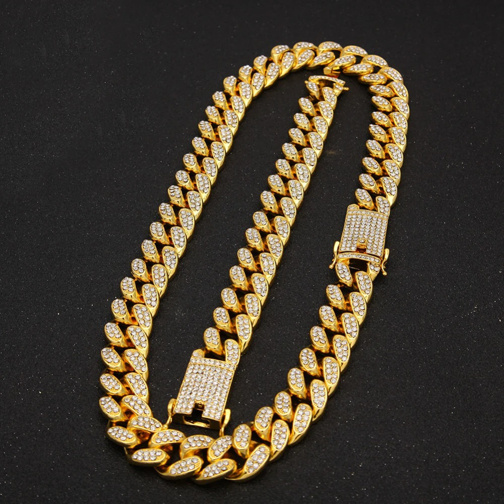 

New 13mm Prong Cuban Link Chain Choker Necklace For Men Fashion Jewelry, 18k gold