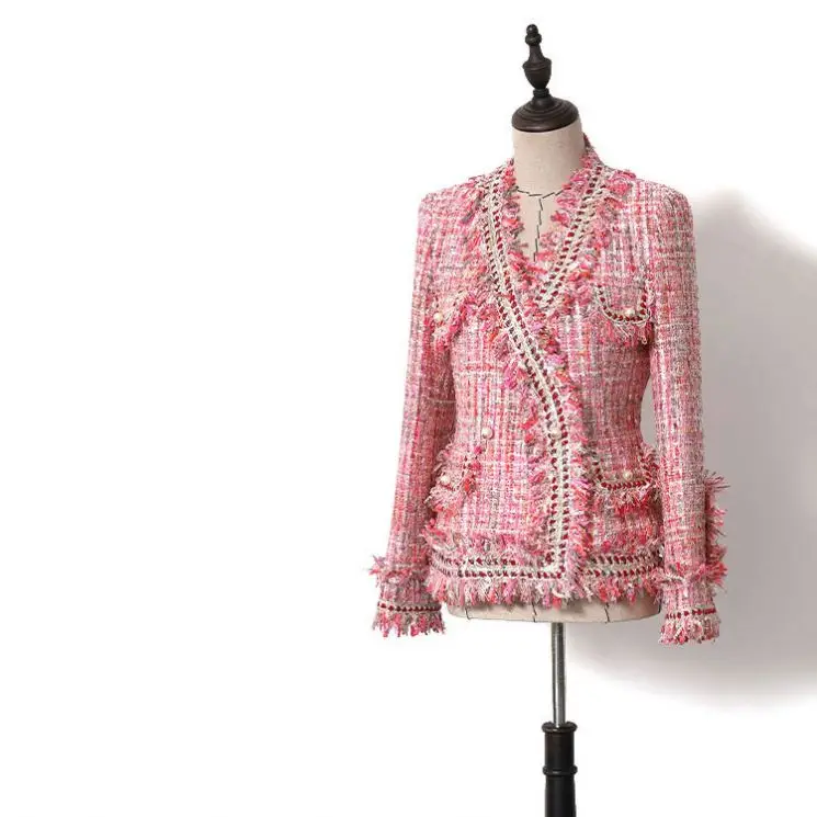 

Fashion British Blazer hot high quality double-breasted rose pink tweed blazer woman Trench buttons fringes Tweed jacket coat