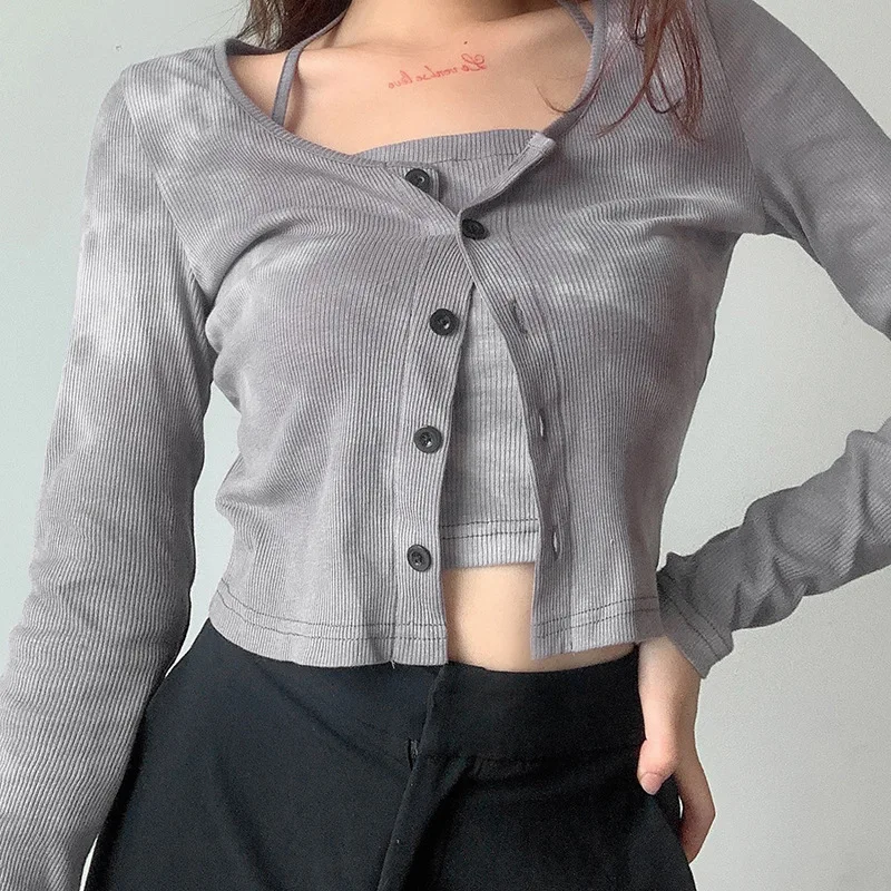 

B53511A Lady fashion retro tie-dye long sleeve shirt with vest two-piece, Gray/blue