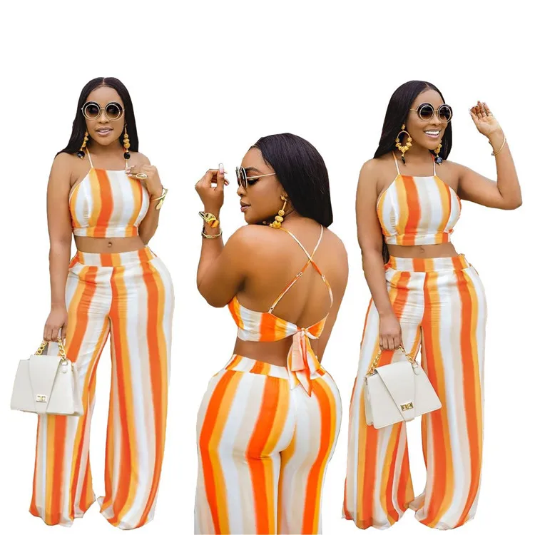 

2021 New Arrival Women's Striped two piece crop top pants set summer two piece outfits for woman summer beach wear suits, As picture or customized make