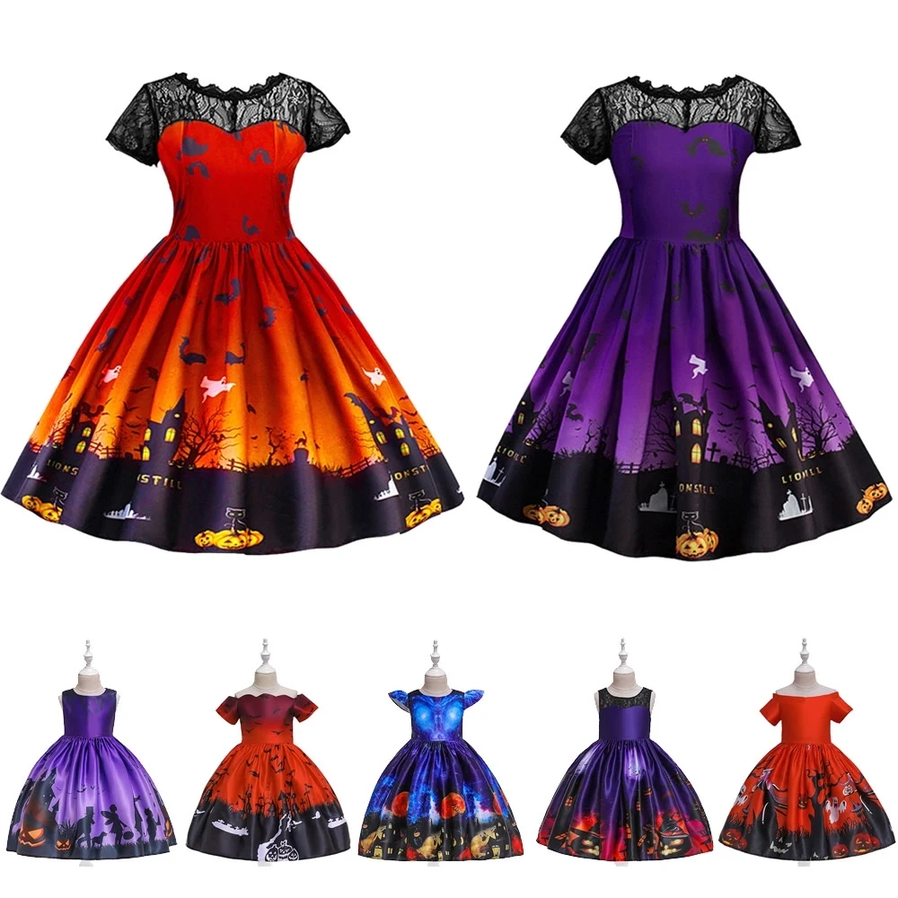 

Girls Halloween Costumes Children Ghost Pumpkin Bat Castle Print Dress Kids Makeup Party Costume Ideas 2019 Zombie Witch Cosplay