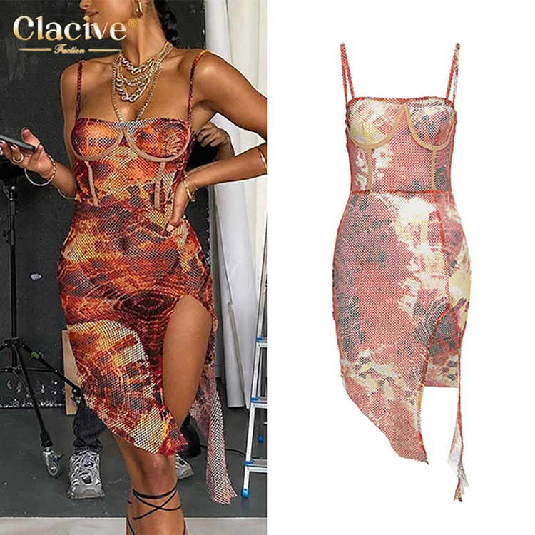 

Clacive Hot Sale Bodycon Sleeveless See Through Mini Dress Women Fashion Mesh Print Backless Sexy Dress, Red