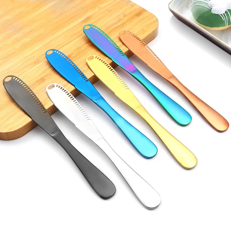 

Butter Knife Stainless Steel Cheese Butter Cutter With Hole Multi-function Cream Bread Jam Knife, Silver , golden, rose gold, bright color, black, blue, purple