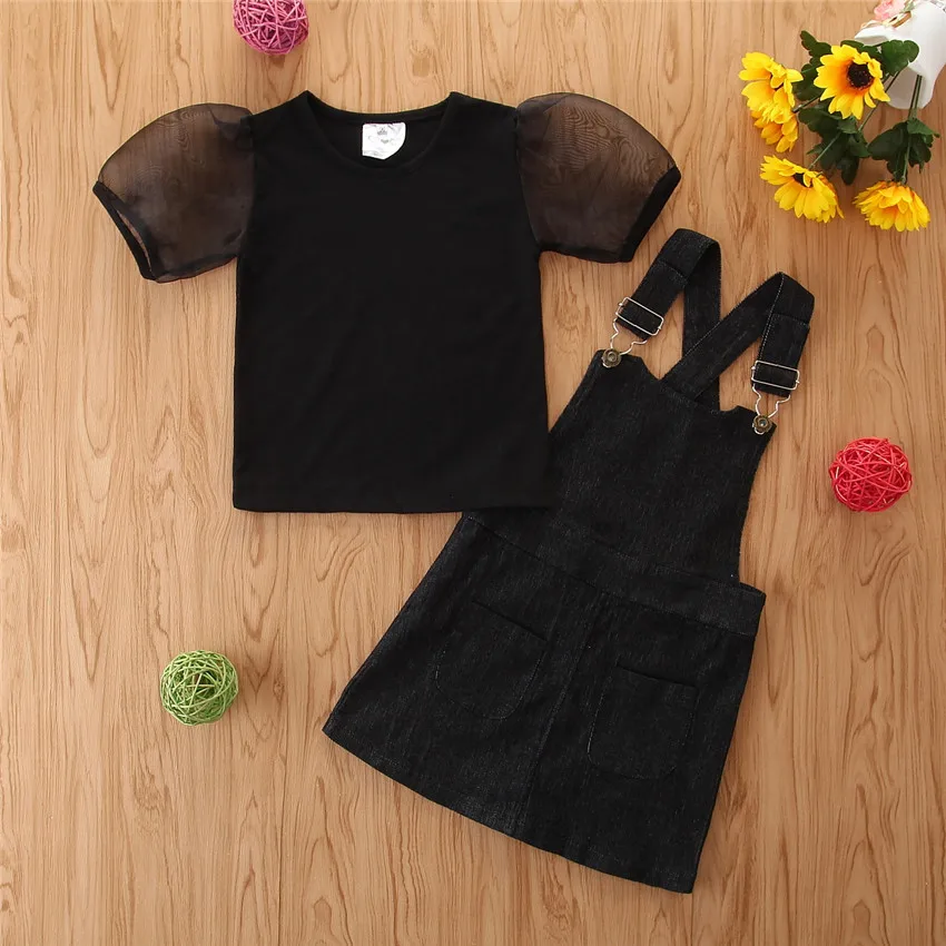 

Summer Girls clothes Set kids black lace sleeve shirt suspender dress outfit girls summer denim clothing set, As picture