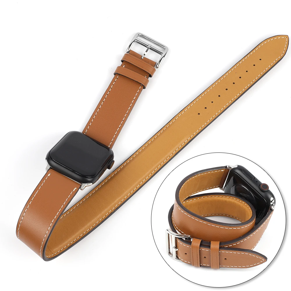 

Genuine Leather Double Dual Layer Watch Strap For iwatch Series 5/4/3/2/1 Replacement Band For Smart Apple Watch38/40mm 42/44mm, Brown