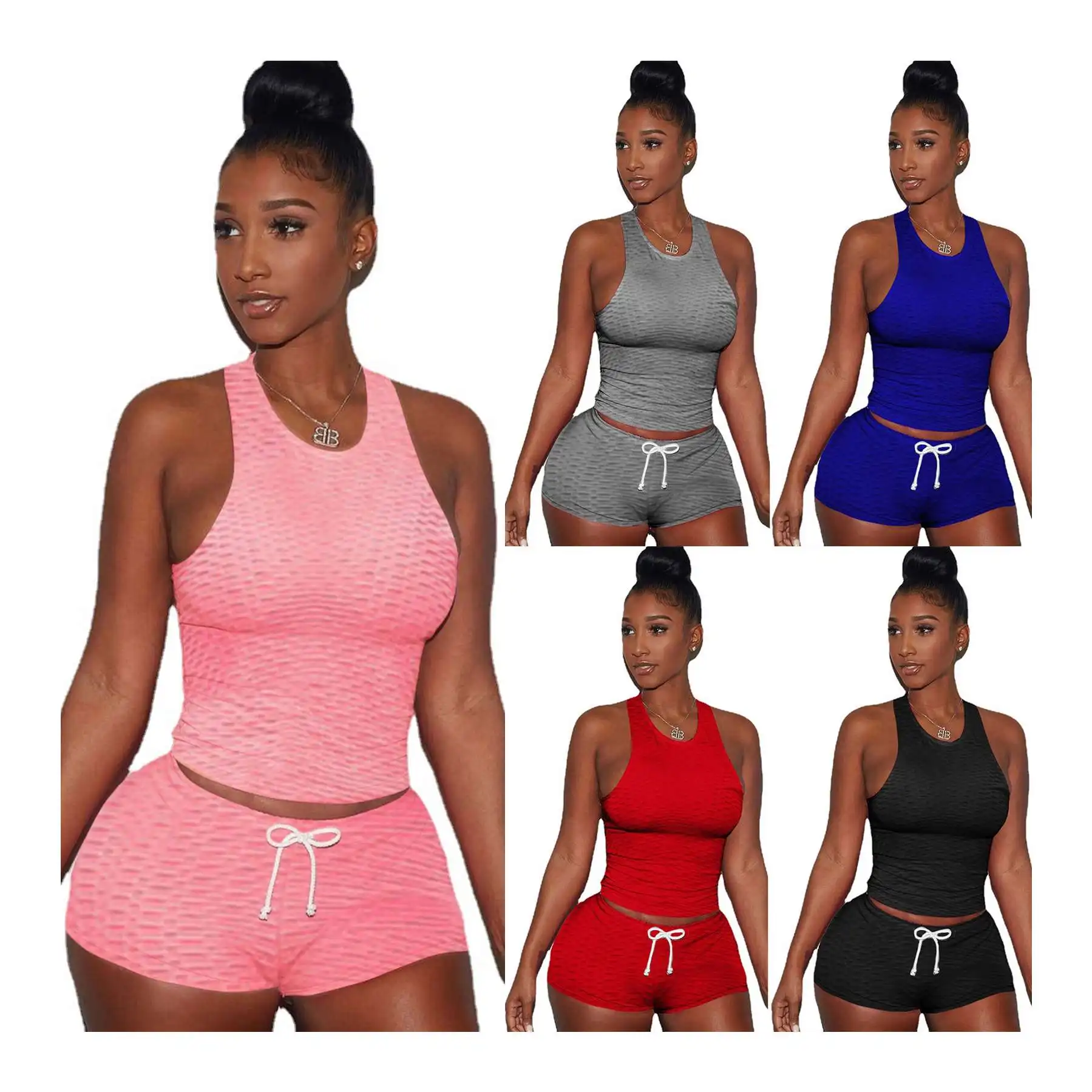 

FREE SAMPLE JHTH Hot Sale Women Clothing Breathable Pineapple Cloth Sports Bikes Shorts Suit 2 Pieces Backless Short Set, As picture