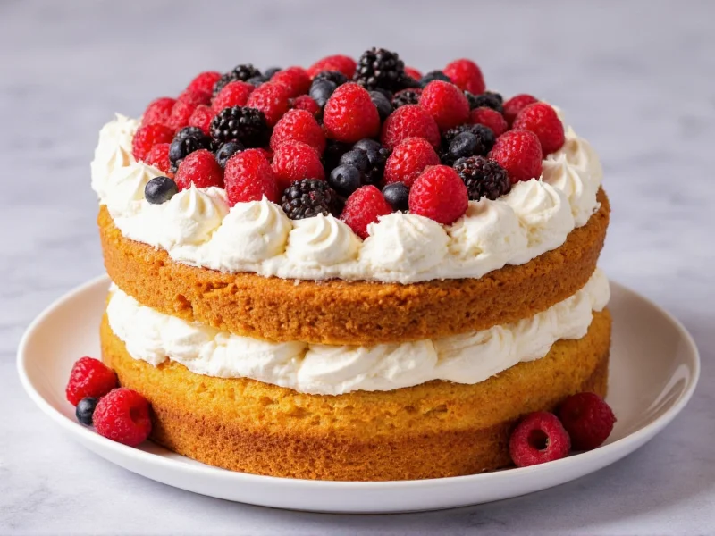 Decorated homemade-style cake with fresh berries and cream