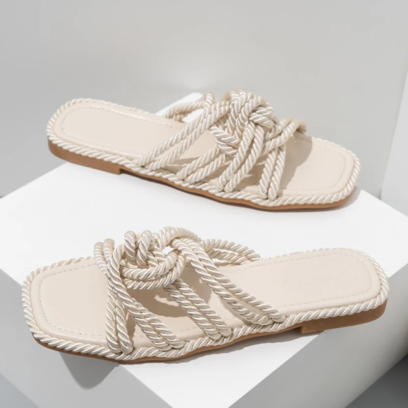 

New Sexy Hemp Rope Cross Strap Hollow Out Flat Heel Slippers Women Summer Outdoor Beach Slip On Slides Leisure Shoes