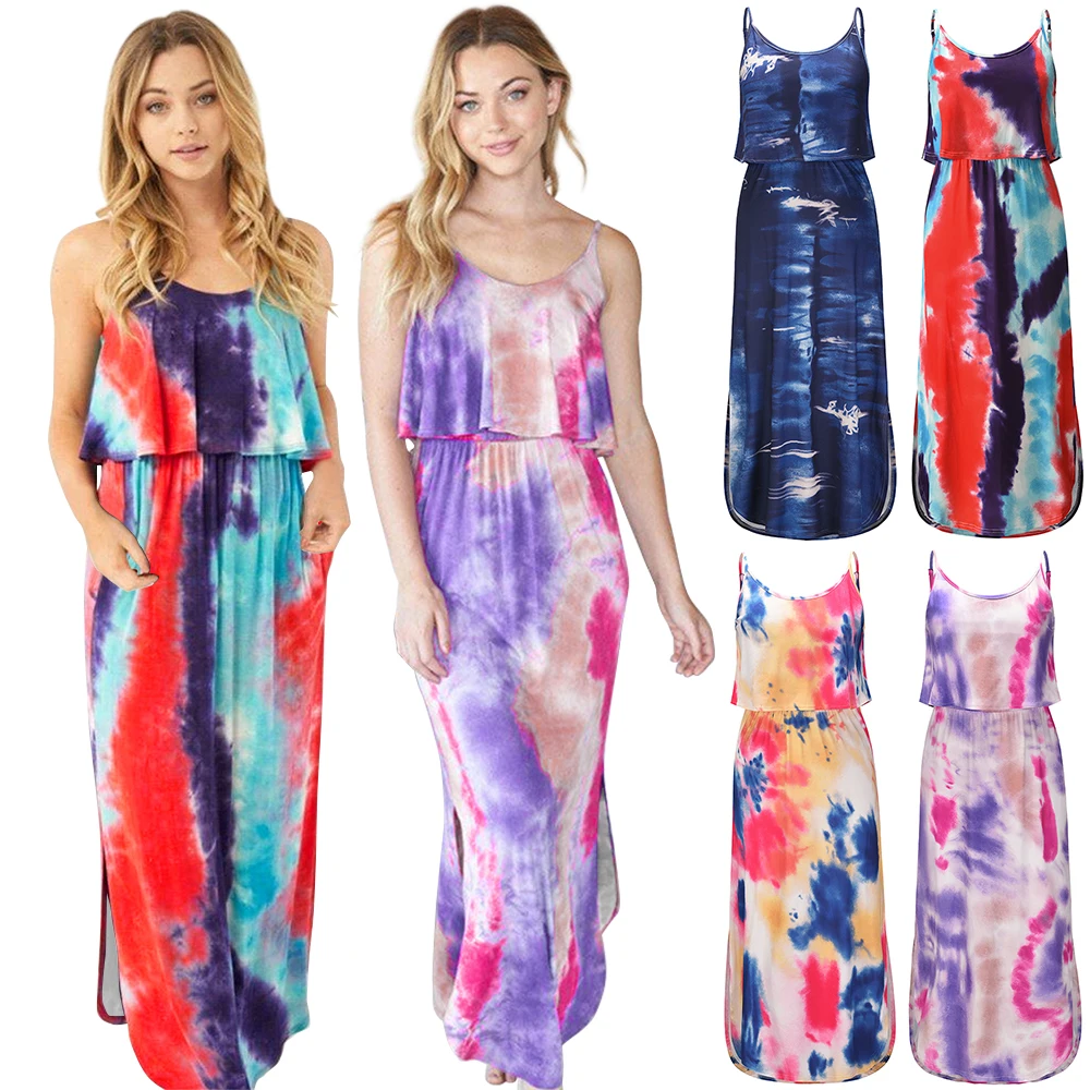 

2021 European and American summer new sexy tie-dye sleeveless halter skirt slim slim medium long style