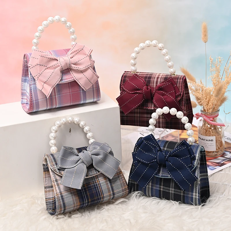 

Kids Purses 2021 Little Girls Pearl Hand Bag Fashion Bowknot Pu Mini Handbags, 4 colors