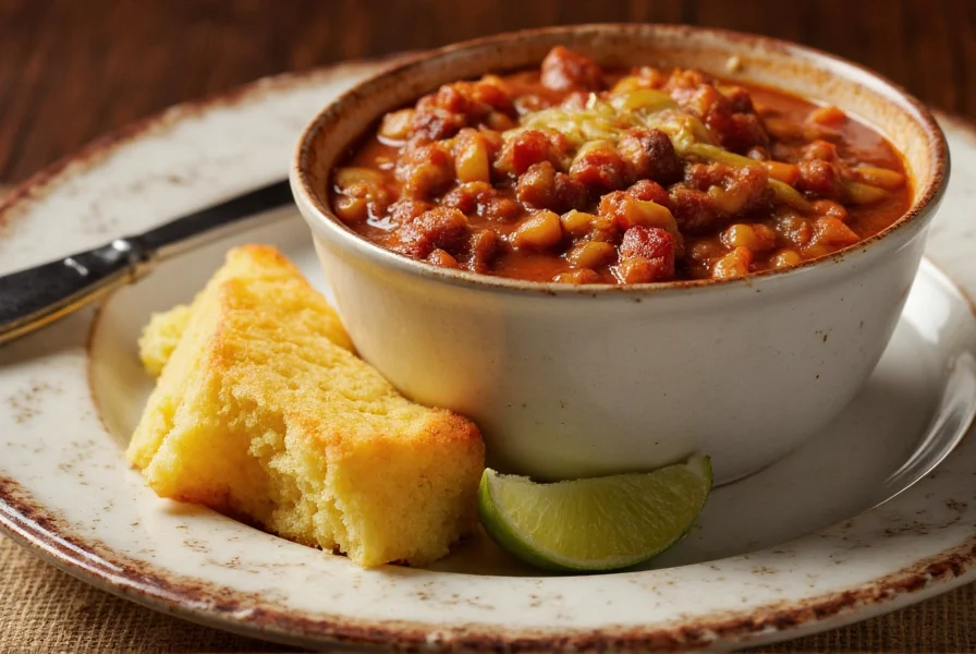 Bowl of chili con carne served with cornbread wedge and lime wedge on vintage ceramic plate
