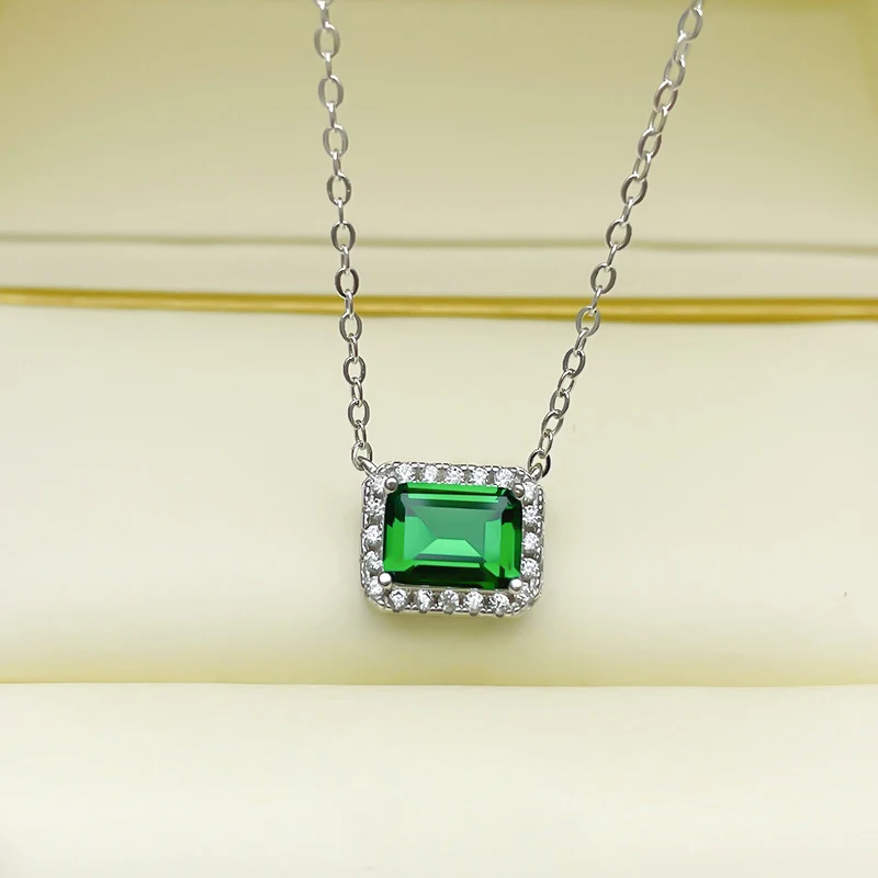 

2021 New S925 Silver Necklace Retro Emerald Pendant Cut 6*8 Fashion Female Jewelry 5A Zircon Factory Direct Sales