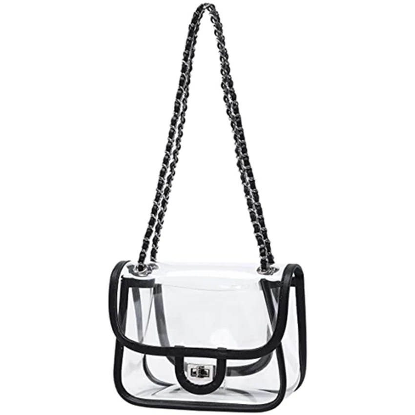 

PVC Clear Stadium Approved Handbags with Turn Lock Chain Shoulder, Transparent