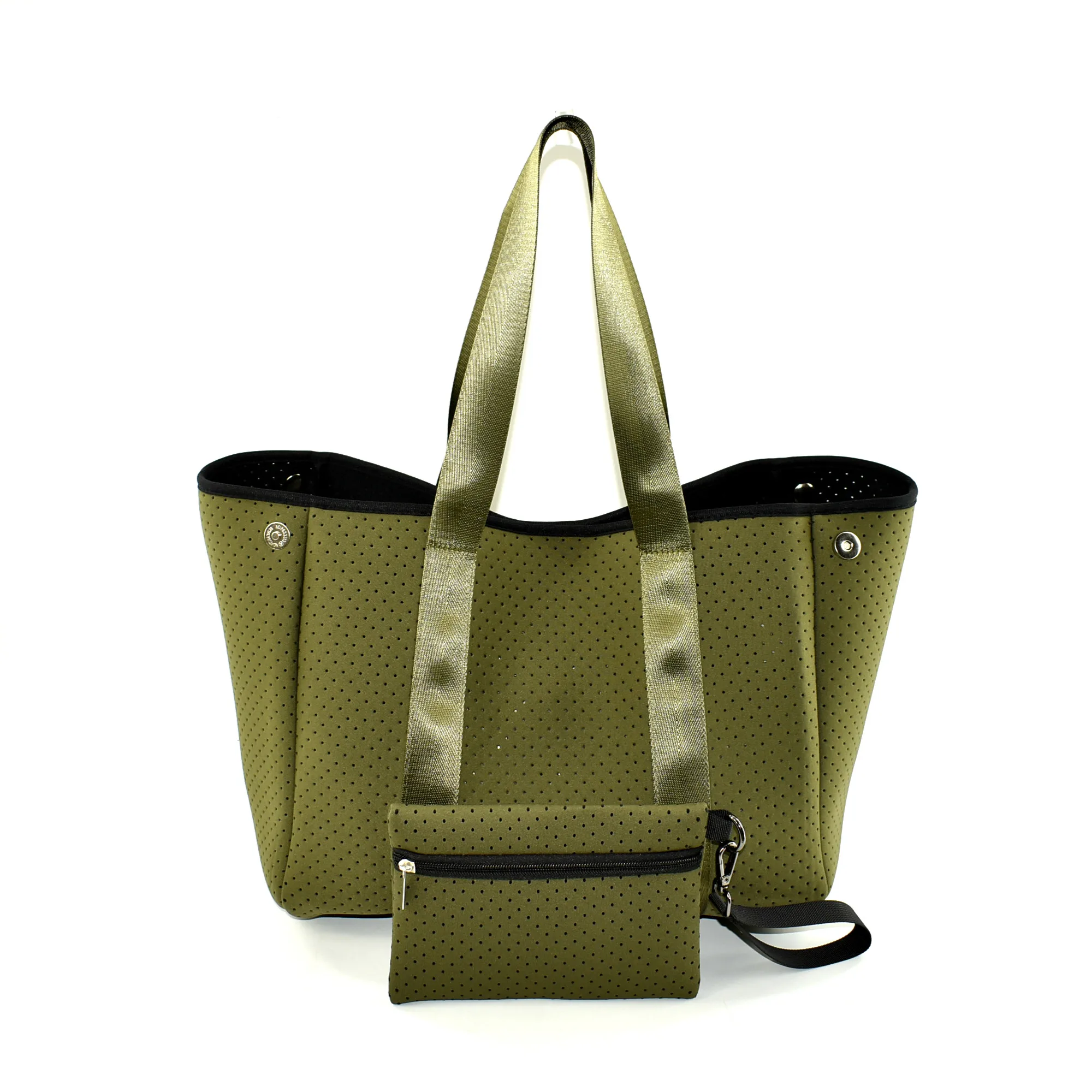 

Cream And Gold Perforated Neoprene Bag Large Capacity Colorful Neoprene Beach Bag Tote Travel Bag With Inner Small Pouch, Multicolor