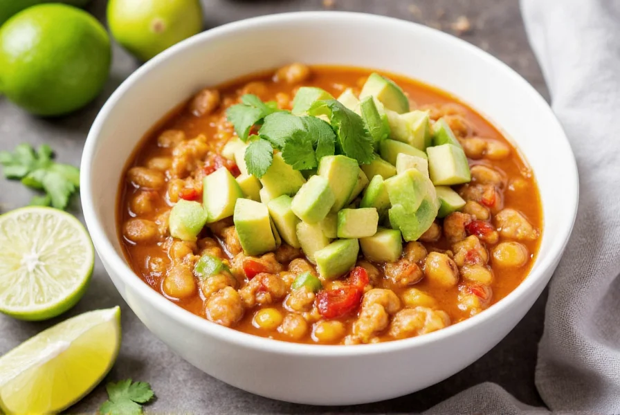 Finished best white chicken chili served in bowl with toppings including avocado, cilantro, and lime