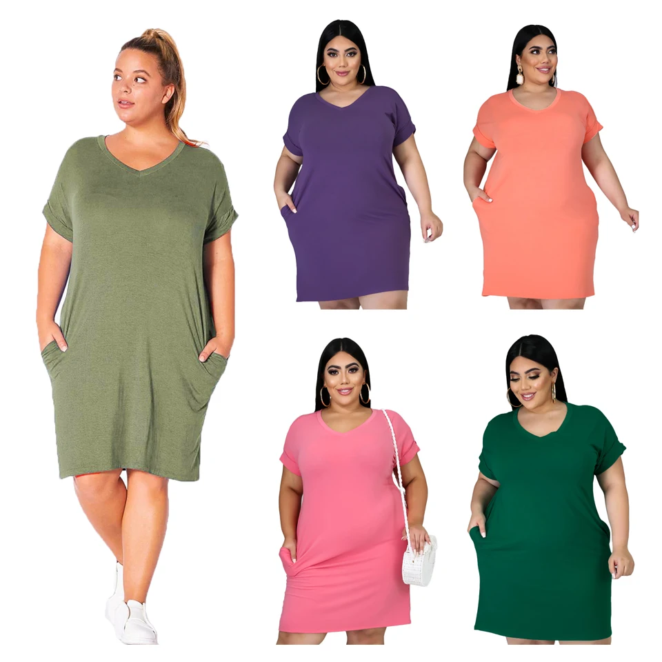

2021 Plus Size T Shirt Casual Dress Women Summer Short Sleeve Screwneck Knitted T-shirts Dresses with Pockets 2XL-6XL