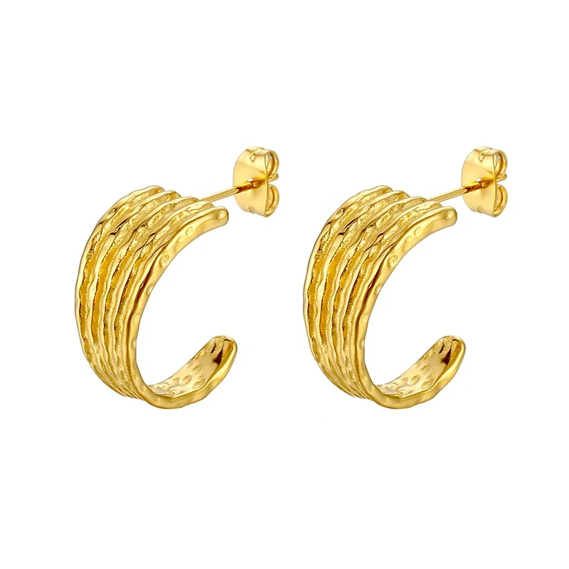 

18K Gold Plated Stainless Steel Waterproof Jewelry Retro Design Fashion Hammered Stud Earrings for Women