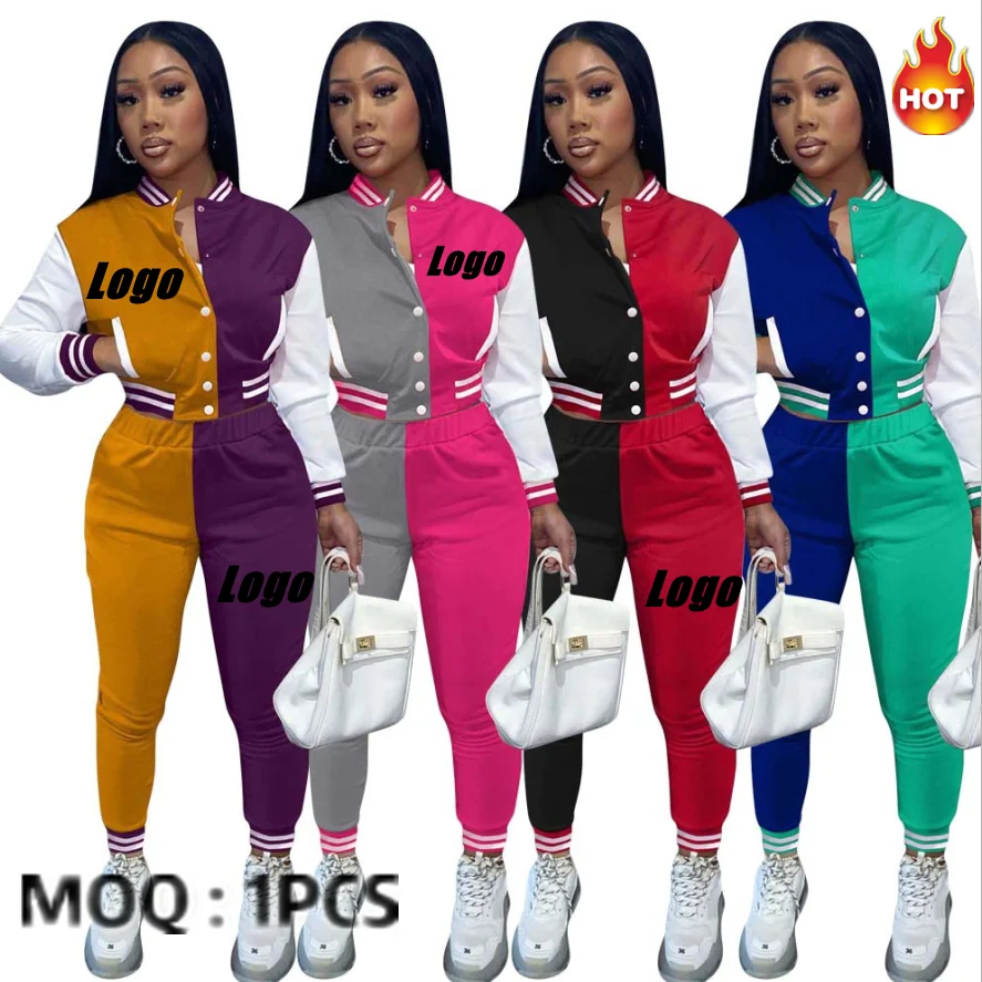 

2022 New Winter Casual Baseball Uniform Women Jogger Sweatsuit Patchwork Baseball Jacket Two Piece Pants Set, Picture color